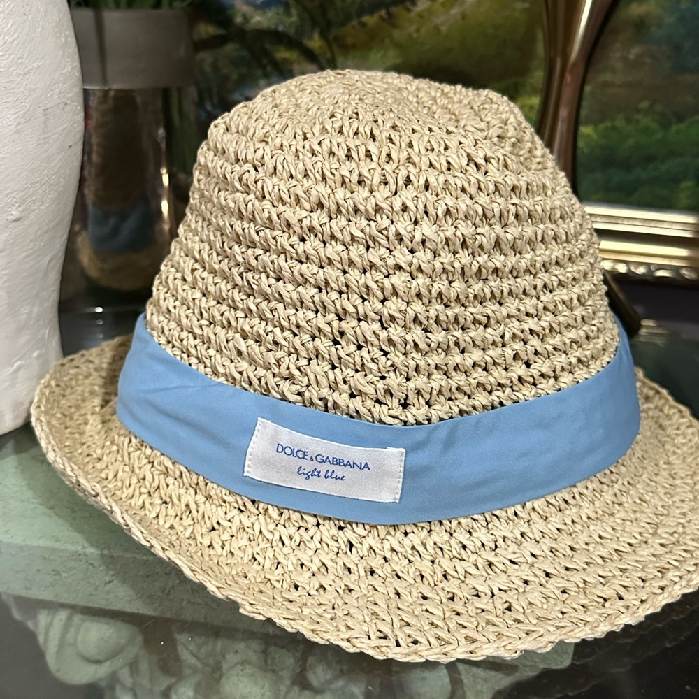Dolce & Gabbana Beige Straw Hat with Light Blue Band